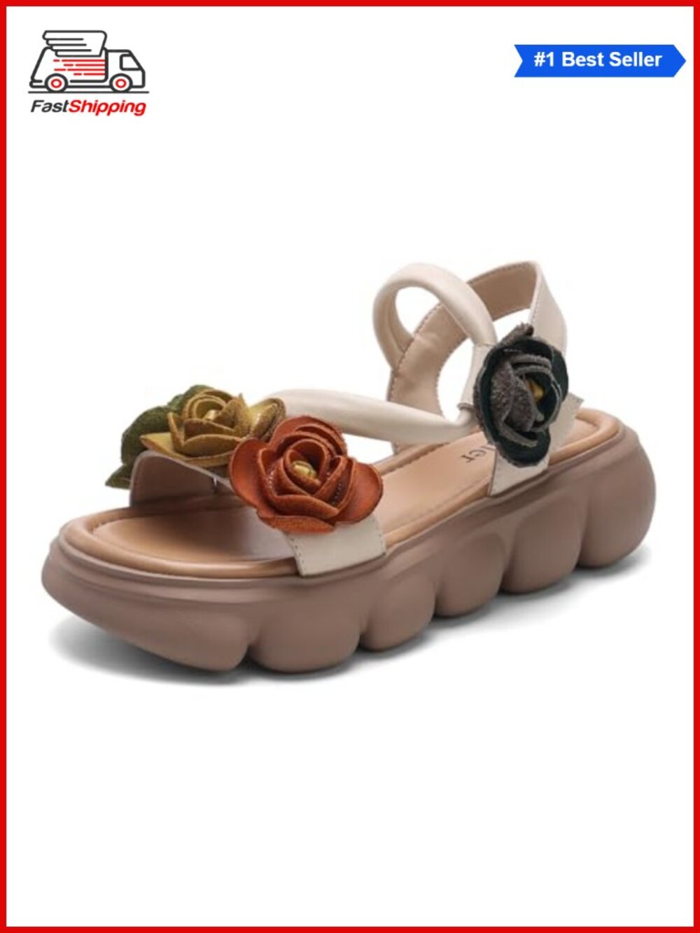 Women's Platform Sandals Cow Leather Open Toe Adjustable Hook Loop Floral